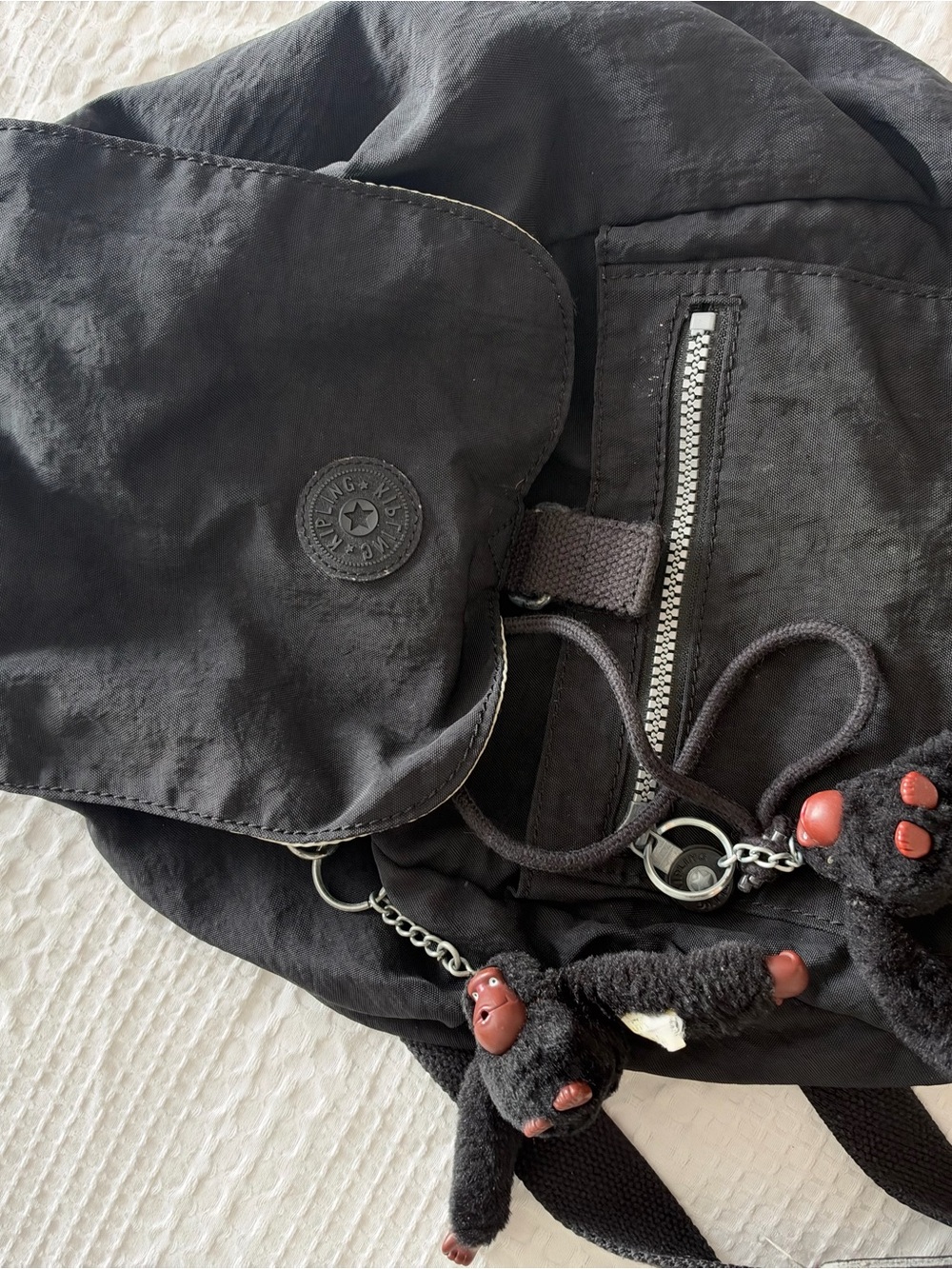 Kipling Black Nylon Backpack Double Monkey Charm Drawstring Flap